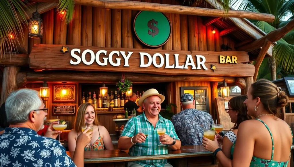 Generate an image of the Soggy Dollar Bar with its rustic exterior and patrons enjoying Painkiller cocktails.