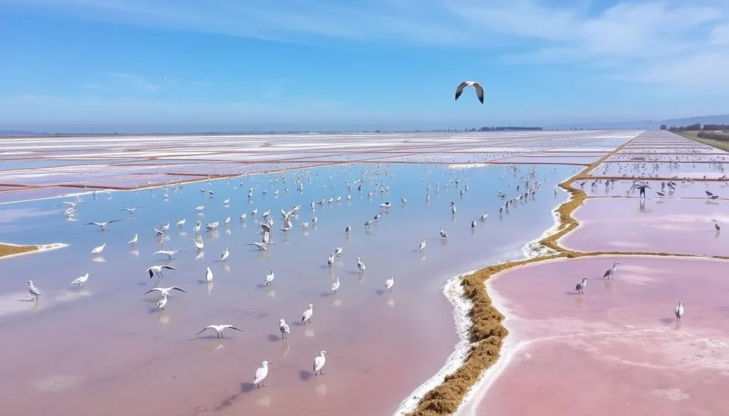 Generate an image of the South Bay Salt Works, showcasing its salt ponds and the variety of birdlife.