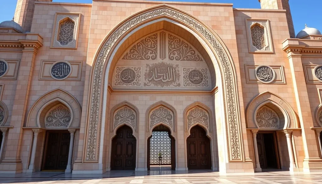 Generate an image of the South Mosque's grand entrance and intricate Islamic calligraphy.