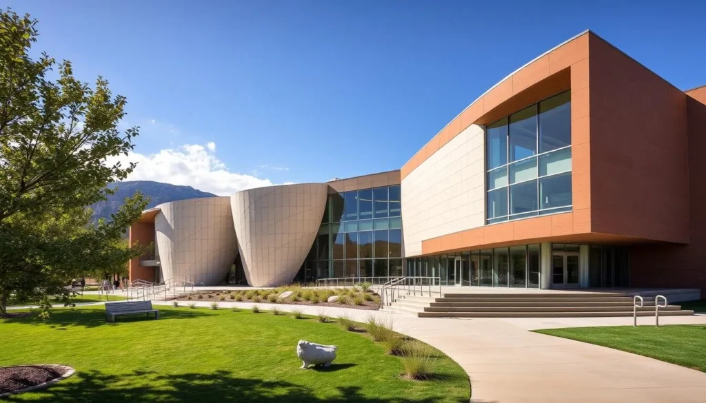 Generate an image of the Southern Utah Museum of Art's contemporary architecture on the Southern Utah University campus.