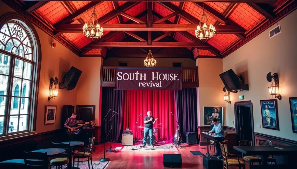 Generate an image of the Southgate House Revival's interior, showcasing its unique architecture and live music setup.