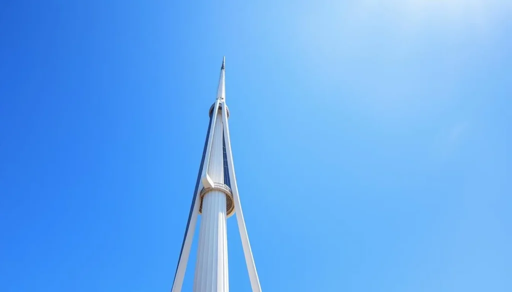 Generate an image of the Spinnaker Tower in Portsmouth, showcasing its sail-like design against a clear blue sky.
