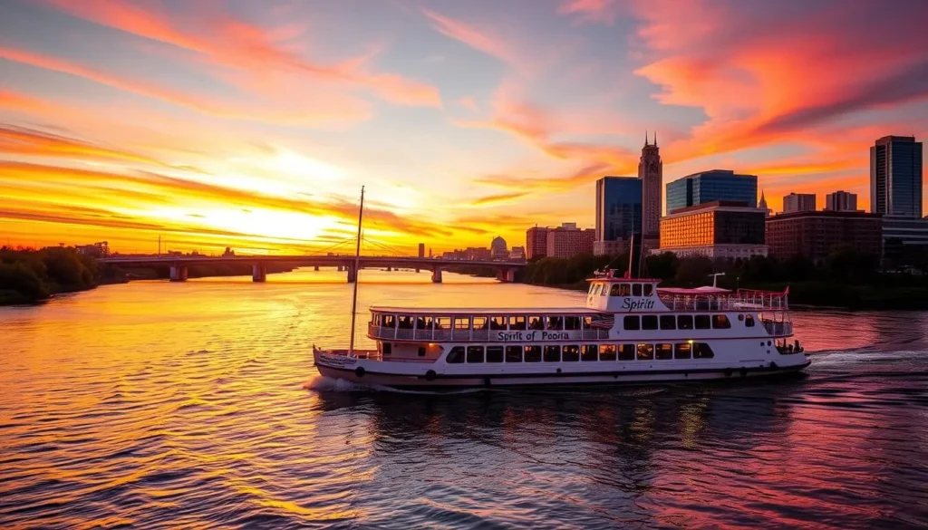 Generate an image of the Spirit of Peoria riverboat cruising on the Illinois River with the Peoria skyline in the background.