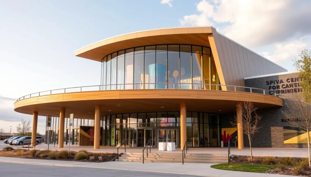 Generate an image of the Spiva Center for the Arts in Joplin, Missouri, showcasing its modern architecture and vibrant art displays.