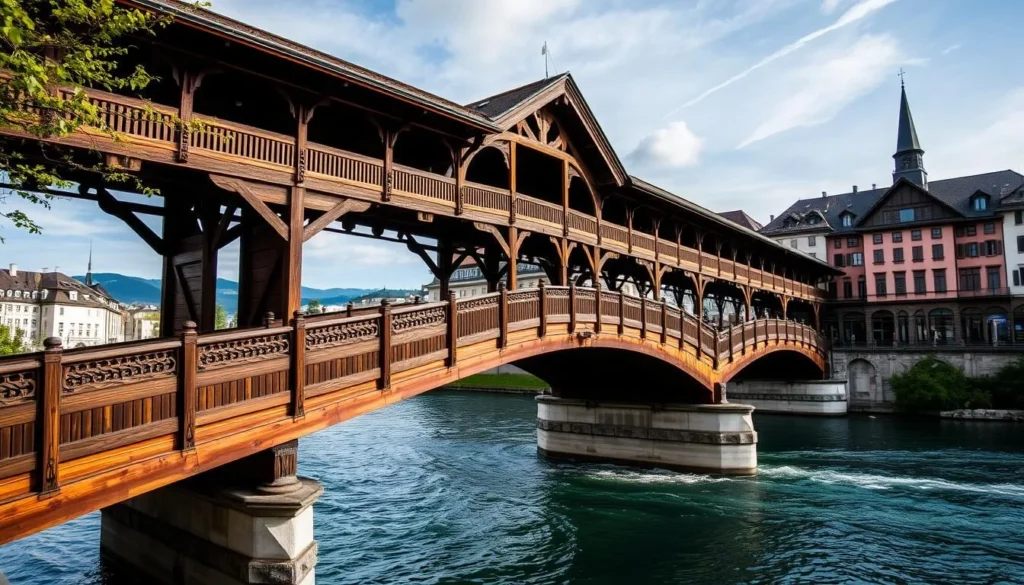 Generate an image of the Spreuer Bridge in Lucerne, Switzerland, showcasing its wooden structure and the surrounding river.
