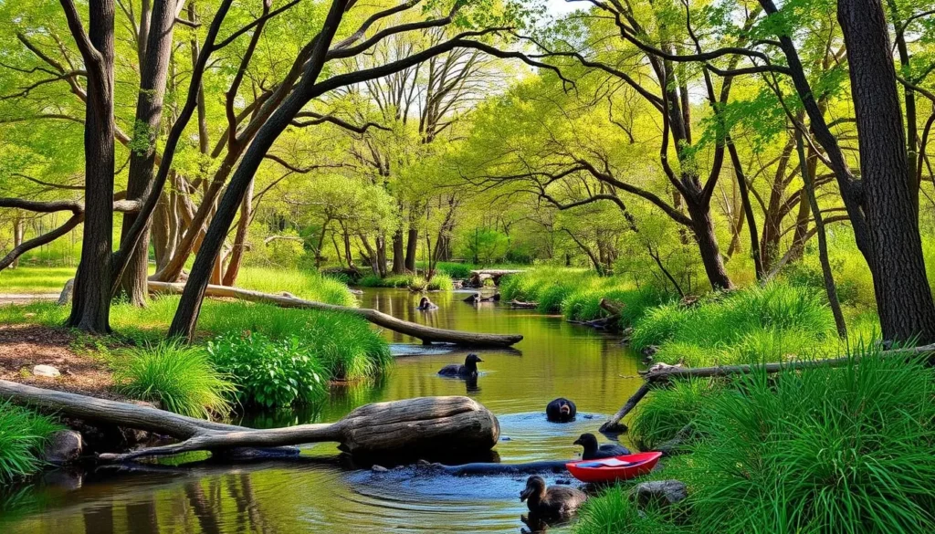 Generate an image of the Spring Creek Preserve in Garland, Texas, showcasing its ancient forests and diverse wildlife.