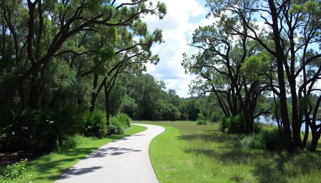 Generate an image of the St. Marks Trail, a 20.5-mile paved path following a historic railroad route from Tallahassee to the coastal community of St. Marks.