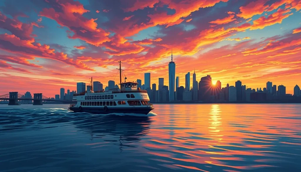 Generate an image of the Staten Island Ferry approaching the Manhattan skyline.