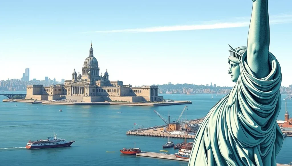 Generate an image of the Statue of Liberty and Ellis Island. Generate an image of the Statue of Liberty and Ellis Island.