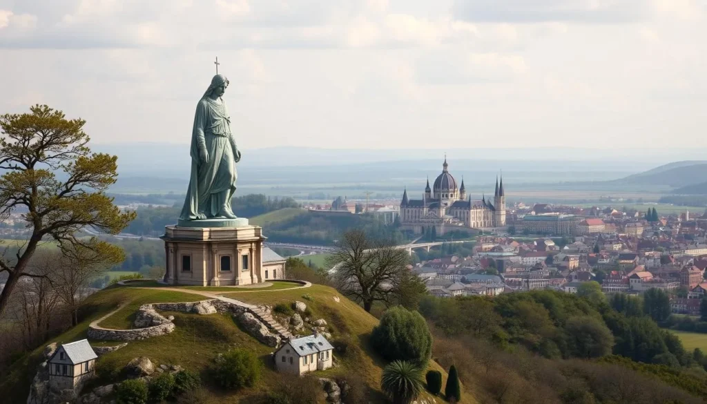 Generate an image of the Statue of Notre-Dame de France on the Rocher Corneille, with the city of Le Puy in the background.