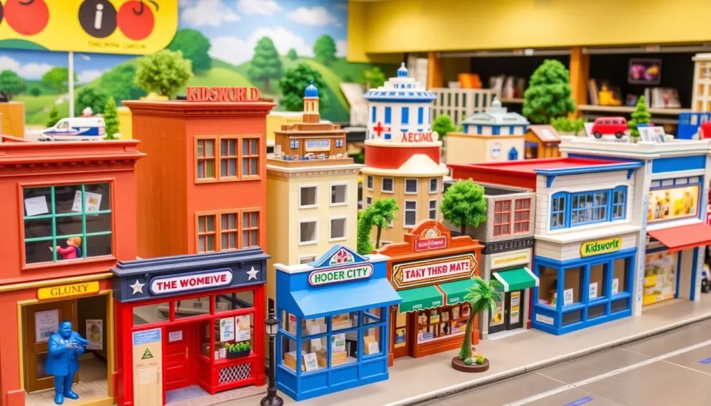 Generate an image of the Stockton Children's Museum's Kidsworld exhibition, featuring a miniature city with a post office, banks, and grocery stores.