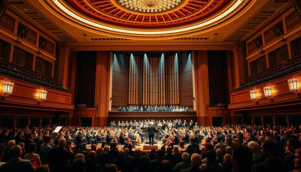 Generate an image of the Strathmore Music Center's grand hall with a symphony orchestra performing on stage.