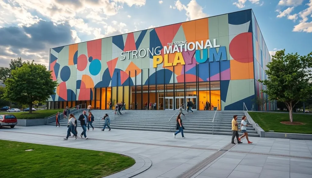 Generate an image of the Strong National Museum of Play's exterior, showcasing its modern architecture and vibrant surroundings.