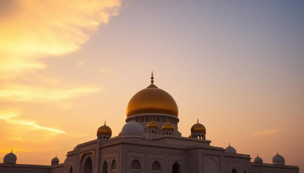 Generate an image of the Sultan Omar Ali Saifuddien Mosque at sunset, with its golden dome reflecting the fading light.