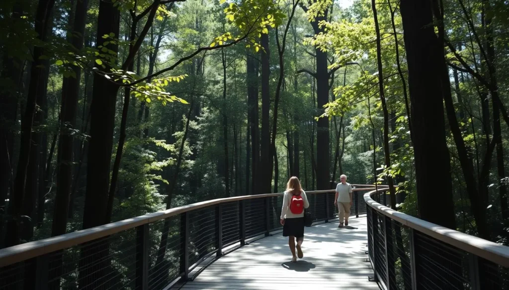 Generate an image of the Sunken Forest boardwalk with visitors walking through the forest.
