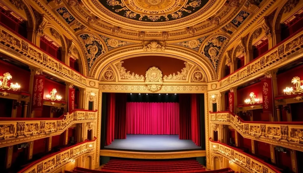 Generate an image of the Swansea Grand Theatre's interior, highlighting its ornate details and grand stage.