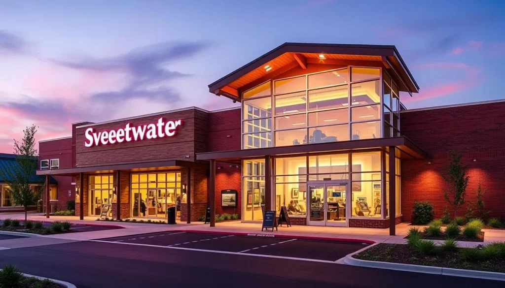 Generate an image of the Sweetwater Music Store and Campus, showcasing its modern architecture and lively atmosphere.