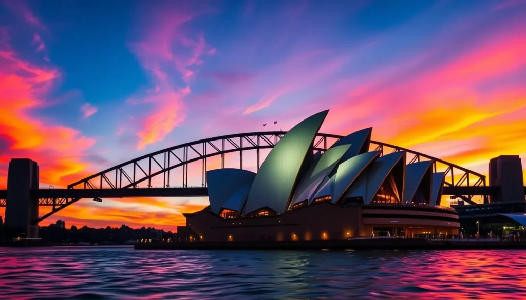 Generate an image of the Sydney Opera House at sunset with the Harbour Bridge in the background.