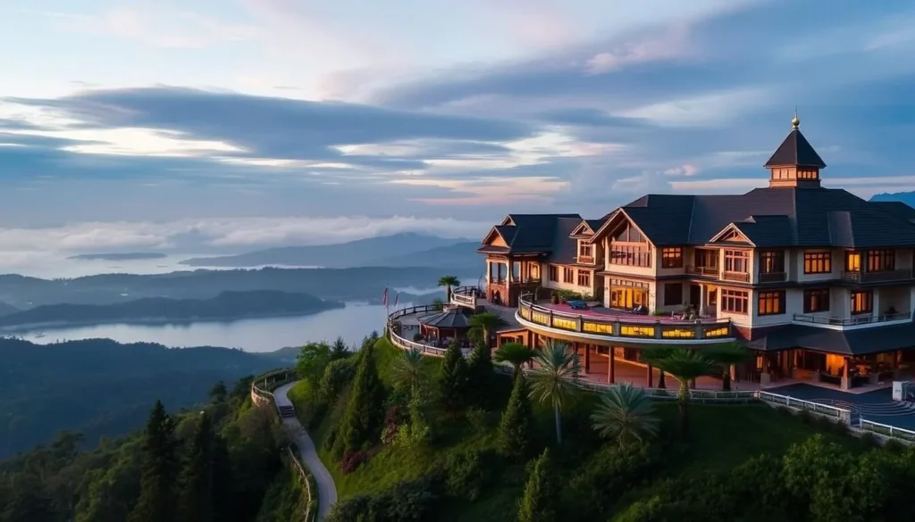 Generate an image of the Tagaytay Highlands resort, showcasing its luxurious amenities and breathtaking views.