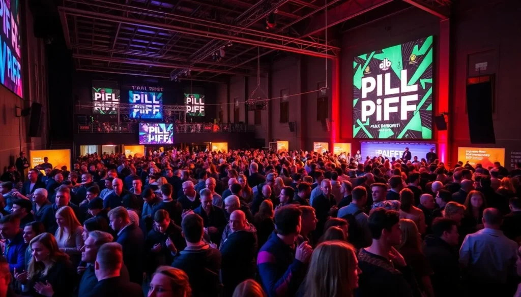 Generate an image of the Tallinn Black Nights Film Festival (PÖFF) venue with a crowd of attendees.