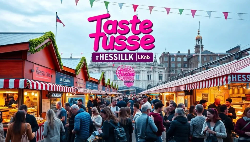 Generate an image of the Taste of Helsinki festival with restaurant pavilions and people enjoying food.