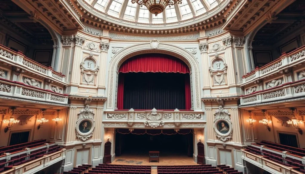 Generate an image of the Temple Theatre's grand interior, showcasing its ornate Neo-Classical architecture and vintage details.