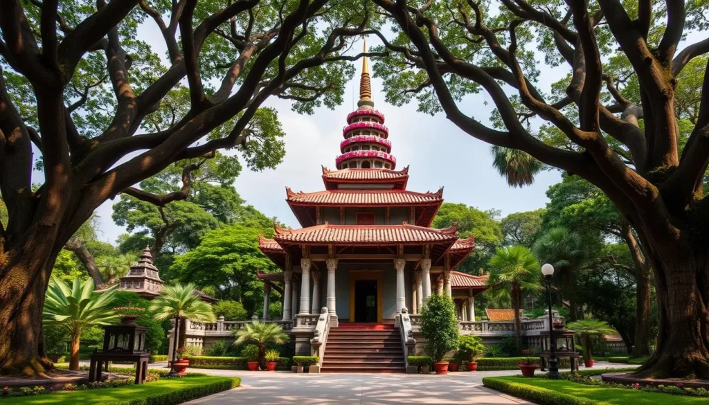 Generate an image of the Temple of Six Banyan Trees, showcasing its stunning Flower Pagoda.