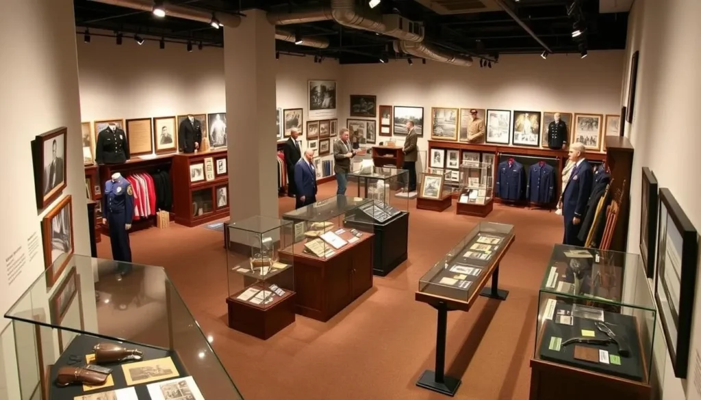 Generate an image of the Texas Ranger Hall of Fame and Museum's exhibit hall with a display of Texas Ranger memorabilia.