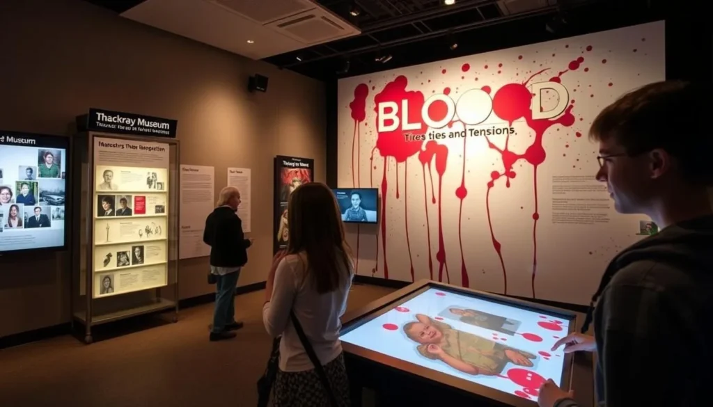 Generate an image of the Thackray Museum's "Blood: Ties and Tensions" exhibit, highlighting its interactive elements.