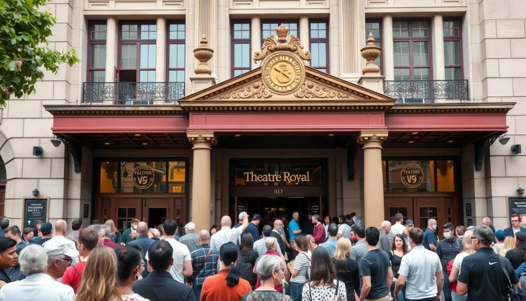 Generate an image of the Theatre Royal's grand facade with a crowd of people outside.