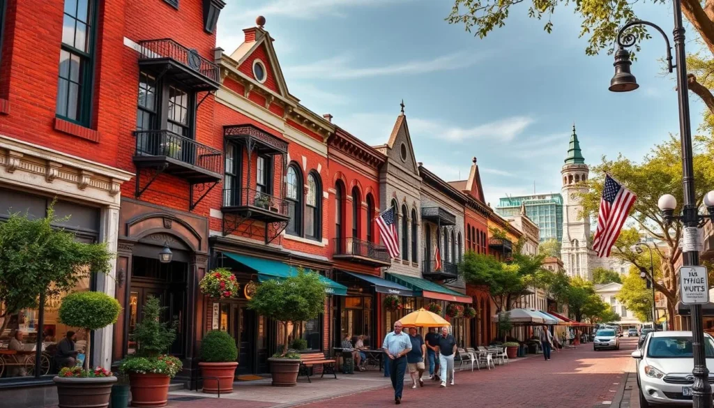 Generate an image of the Third Avenue Village, showcasing its historic buildings and vibrant atmosphere.