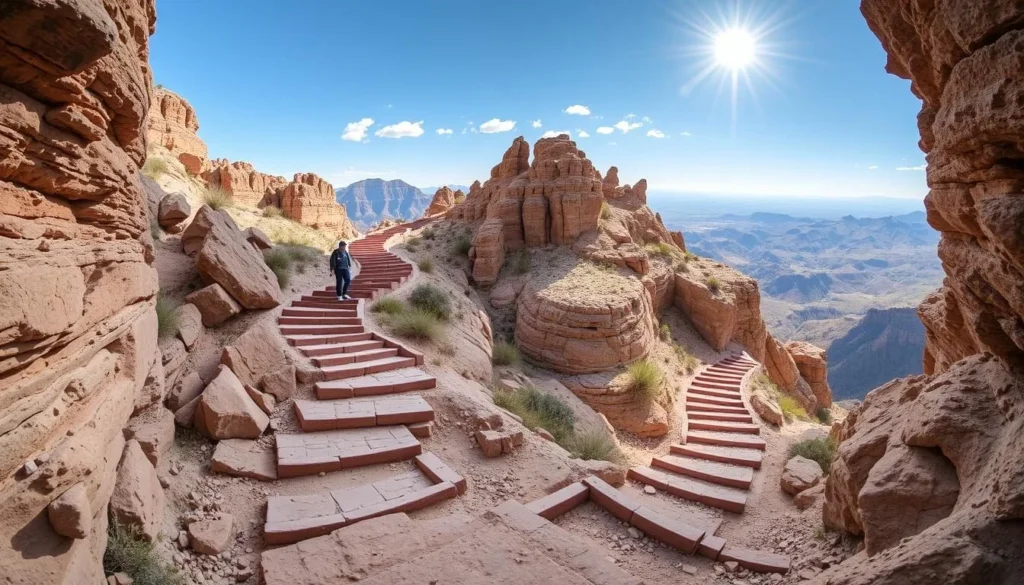 Generate an image of the Thousand Steps Trail in El Paso, showcasing its scenic views and challenging switchbacks.