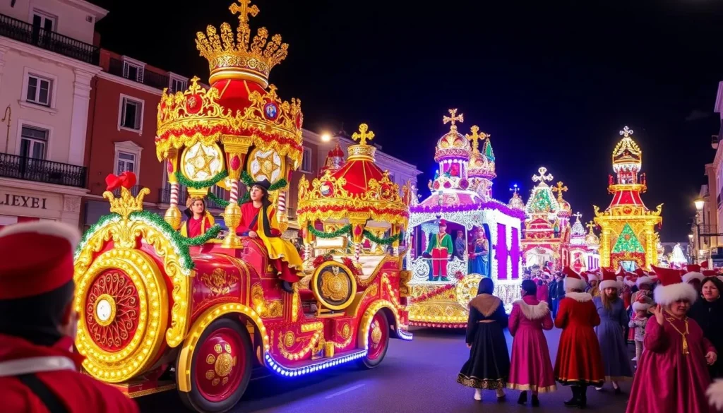 Generate an image of the Three Kings Cavalcade parade in Gibraltar, with decorated floats and people in costume.