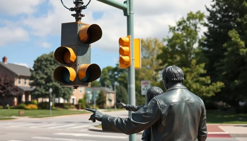 Generate an image of the Tipperary Hill neighborhood's upside-down traffic light with a bronze statue of a family pointing towards it.