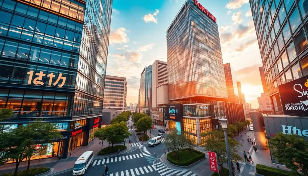 Generate an image of the Tokyo Midtown complex, showcasing its modern architecture and vibrant atmosphere.