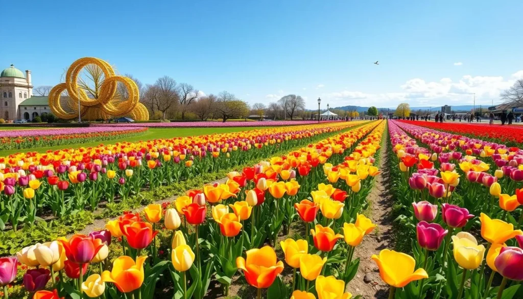 Generate an image of the Tonami Tulip Festival featuring over 3 million tulips across a 7-hectare park.