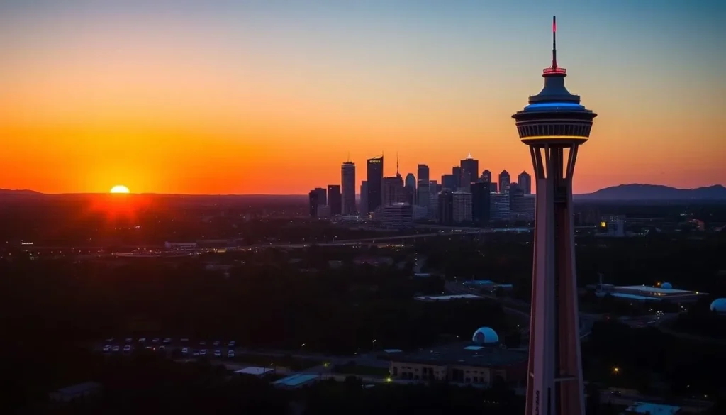 Generate an image of the Tower of the Americas at sunset with the San Antonio skyline in the background.
