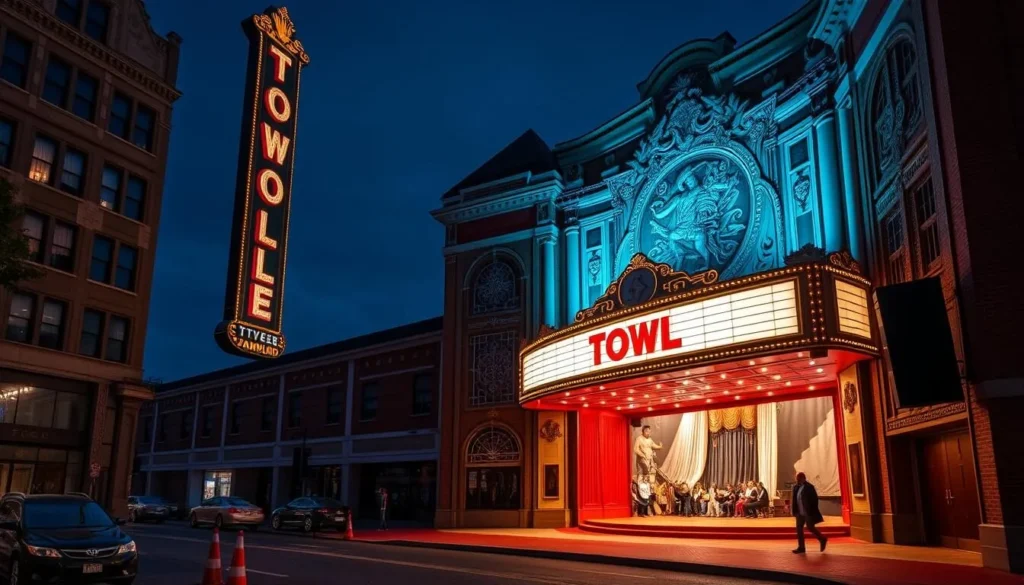 Generate an image of the Towle Theater in Hammond, Indiana, highlighting its historic architecture and vibrant stage performances.