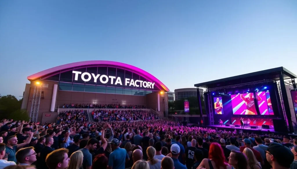 Generate an image of the Toyota Music Factory's outdoor amphitheater with a live concert in progress.