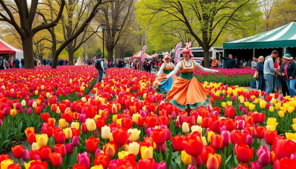 Generate an image of the Tulip Time Festival in Holland, Michigan, featuring millions of blooming tulips and Dutch dancers.