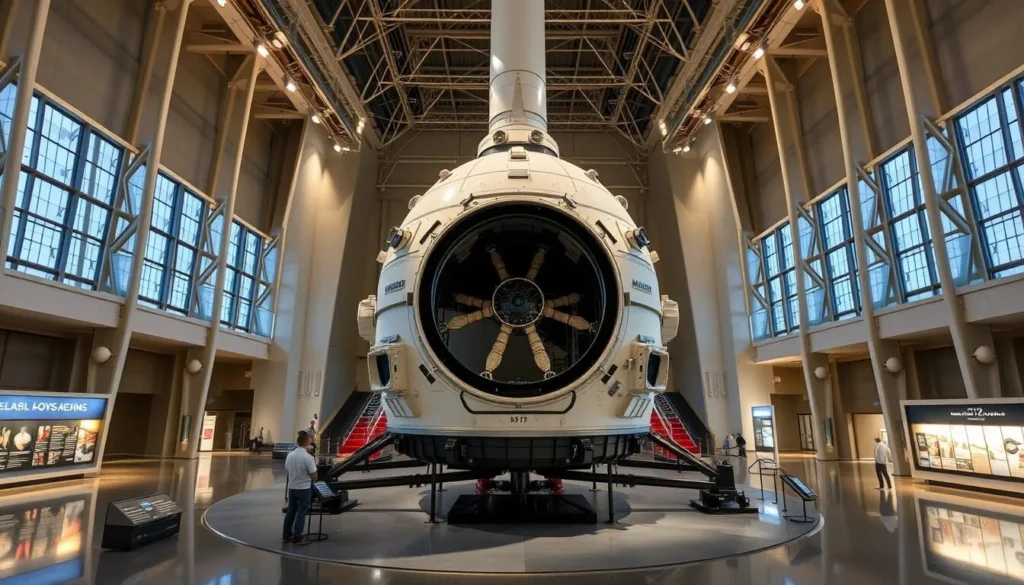 Generate an image of the U.S. Space & Rocket Center's Saturn V rocket hall with the Apollo 12 lunar module on display.