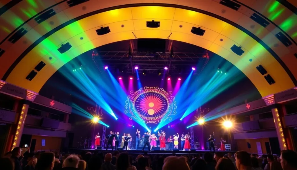 Generate an image of the UC Davis Health Pavilion, formerly known as Music Circus, with a vibrant Broadway show performance.