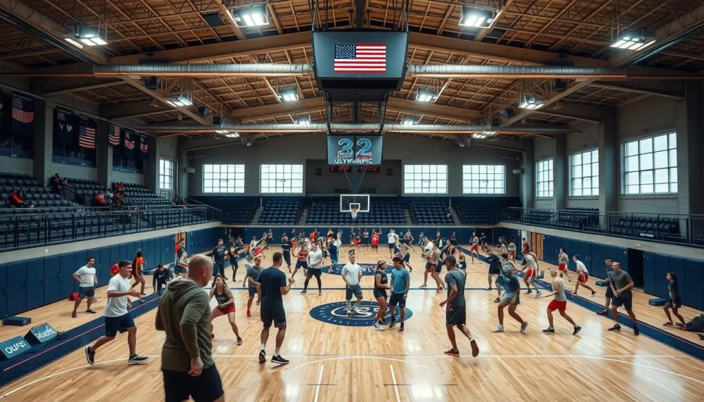 Generate an image of the US Olympic Training Center's main gym with athletes training