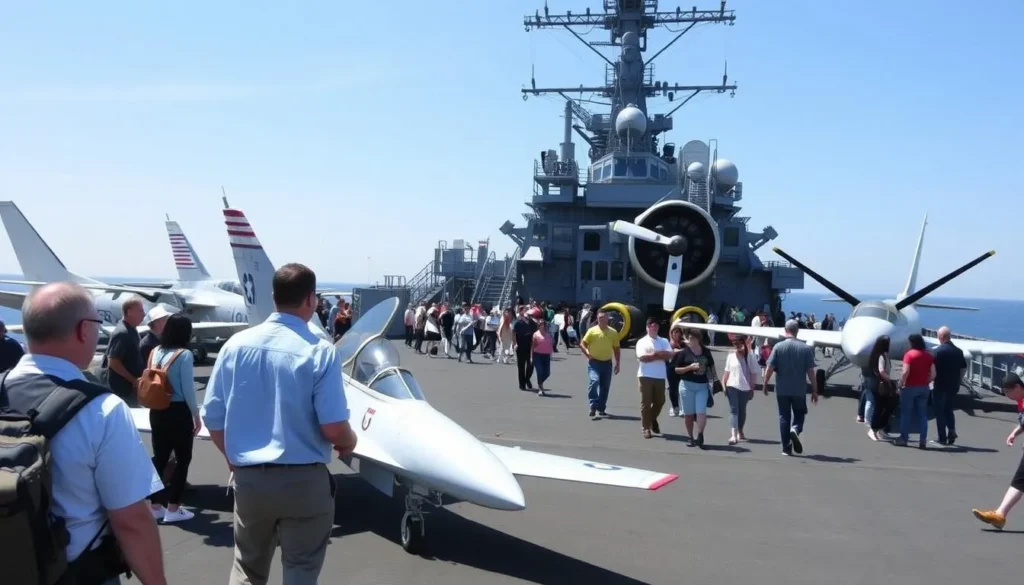 Generate an image of the USS Midway Museum with a guided tour group on the flight deck.