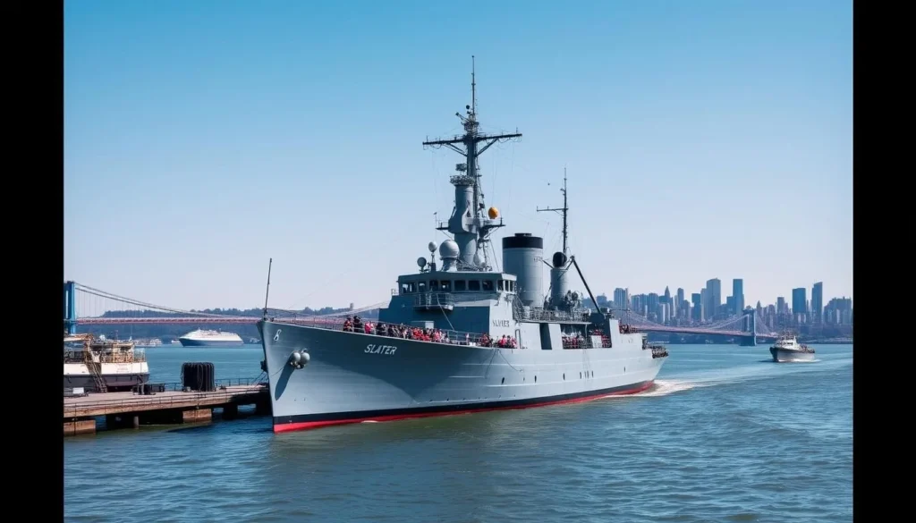 Generate an image of the USS Slater moored on the Hudson River.