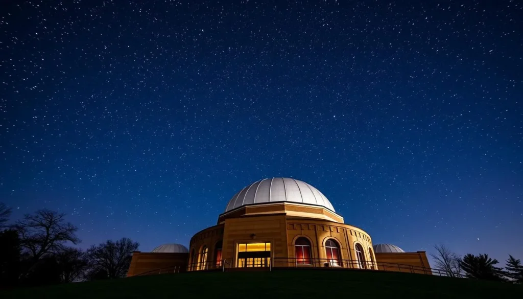 Generate an image of the UTA Planetarium building with a starry night sky in the background.