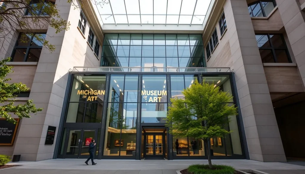 Generate an image of the University of Michigan Museum of Art's exterior or a notable exhibit. Generate an image of the University of Michigan Museum of Art's exterior or a notable exhibit.