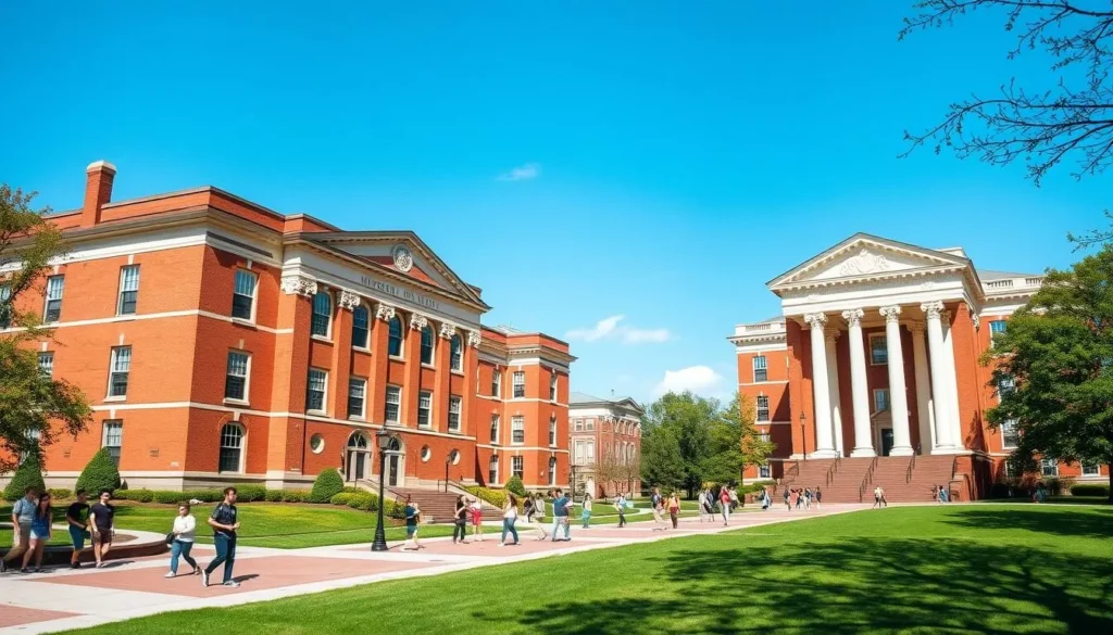 Generate an image of the University of Missouri campus, showcasing its historic red buildings and the iconic columns.