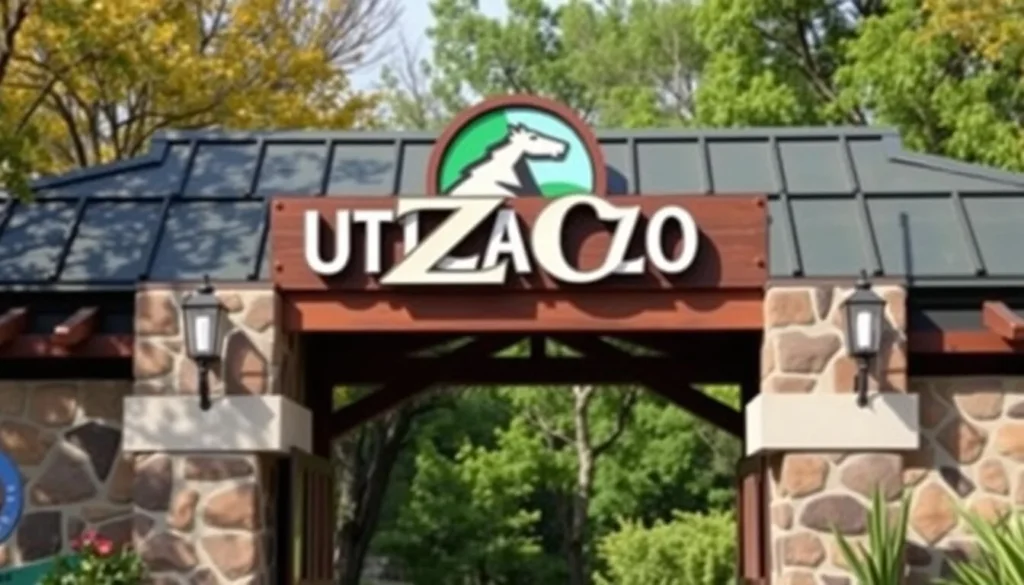 Generate an image of the Utica Zoo's main entrance with a sign displaying the zoo's logo.