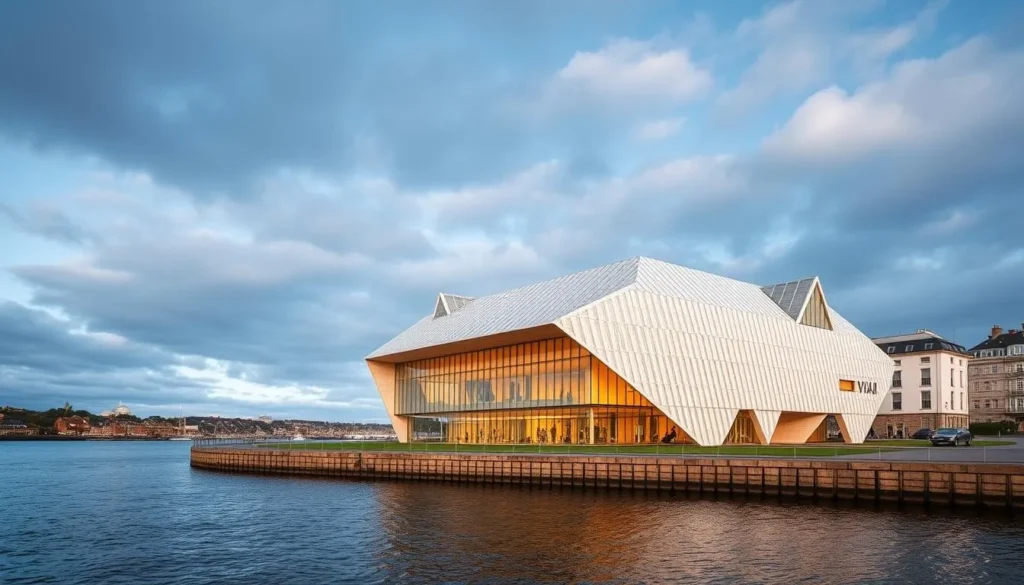 Generate an image of the V&A Dundee's unique architecture on the River Tay waterfront.